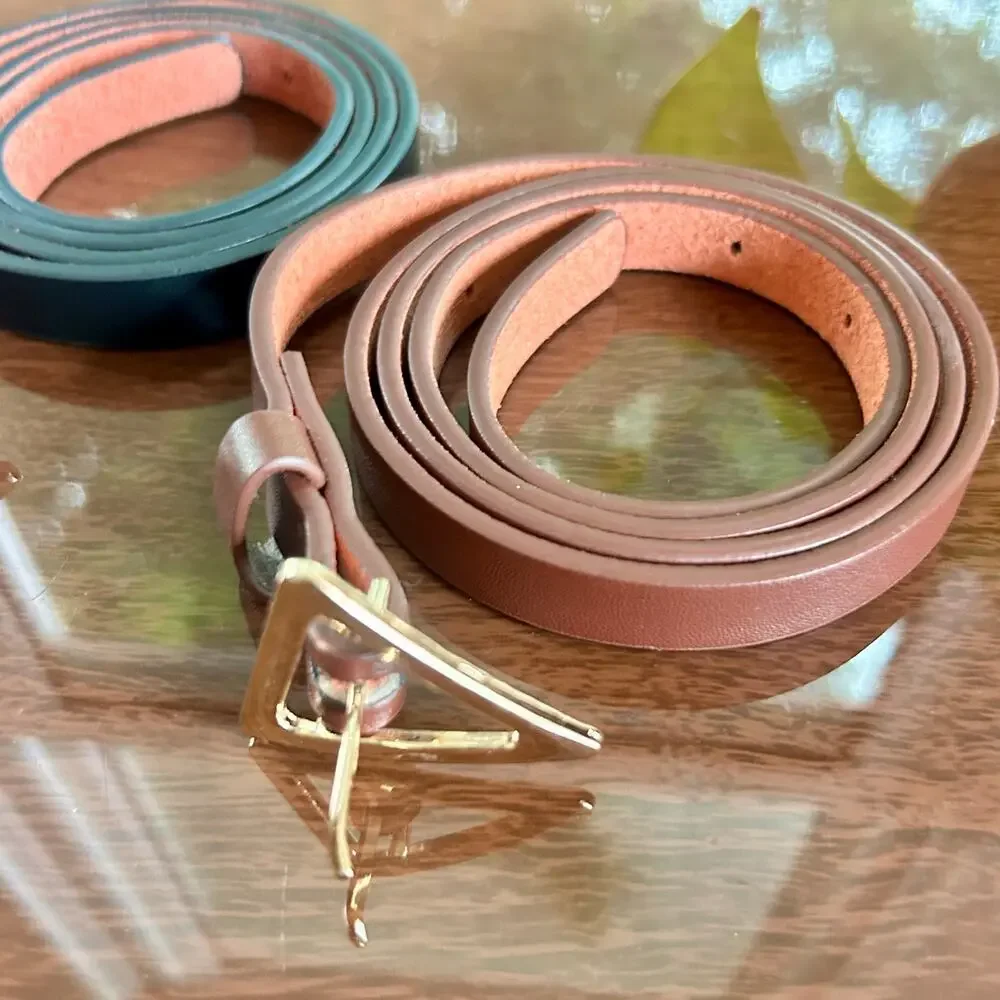 Set of 2 Skinny Belts – Brown & Black with Gold Triangle Buckles – 43” Length